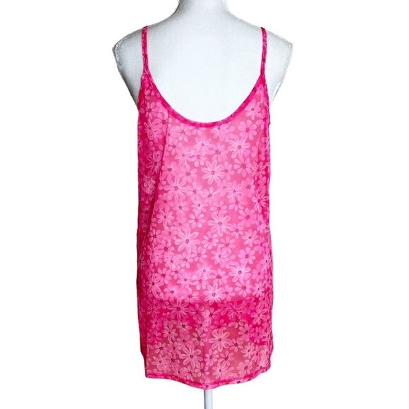 Vintage Leilani Y2K Bright Pink Floral Spaghetti Strap Sheer Mesh Coverup S/M - Picture 2 of 6